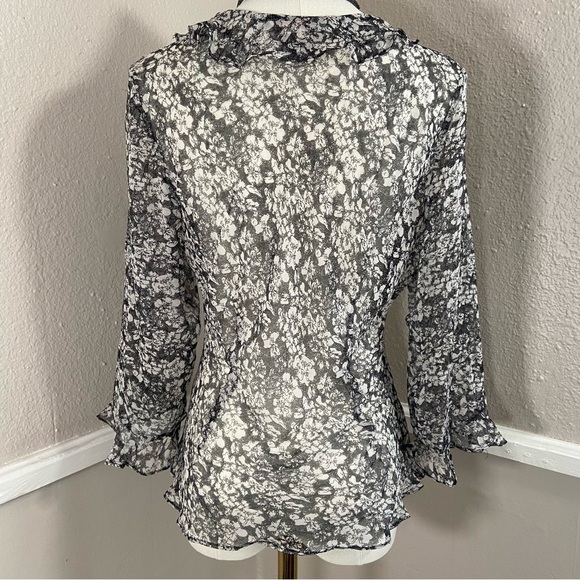 Floral Black White Silk See Through Sheer Long Sleeve Blouse Top Size 10 Vtg 90s - Picture 4 of 8